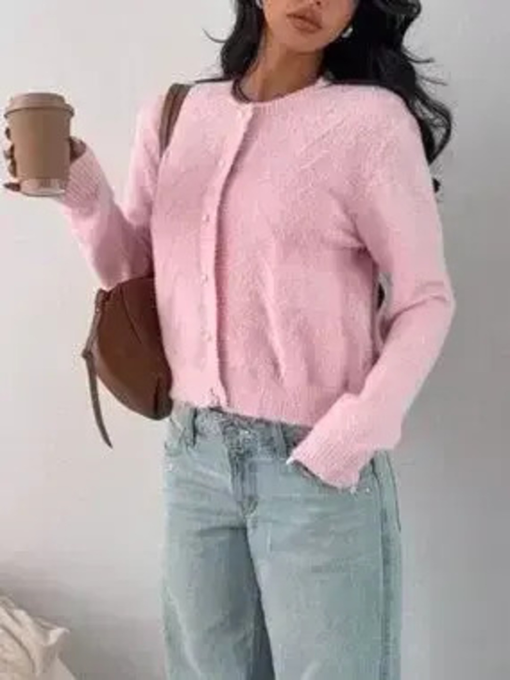 Soft Fuzzy Texture Cardigan with Pearl Buttons - Picture 4 of 5
